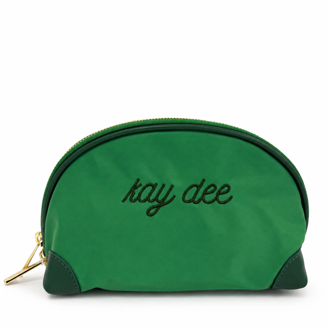 Kappa Delta nylon makeup bag with embroidered dark green KD sorority lettering