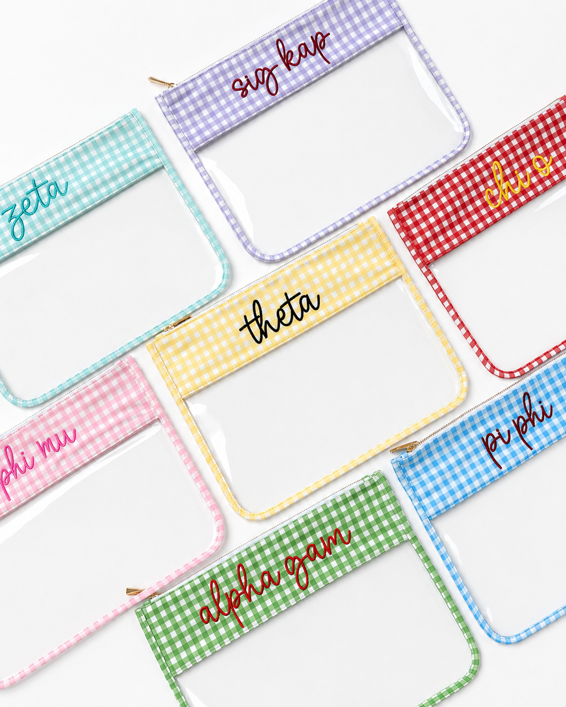 Assorted sorority gingham clear project bags for needlepoint, crafts and organization