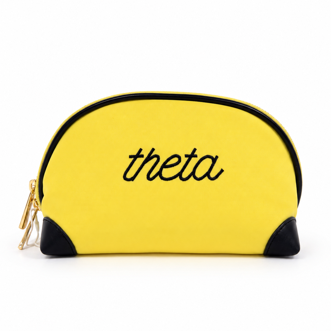 Yellow Kappa Alpha Theta nylon makeup bag with black embroidered Theta letters