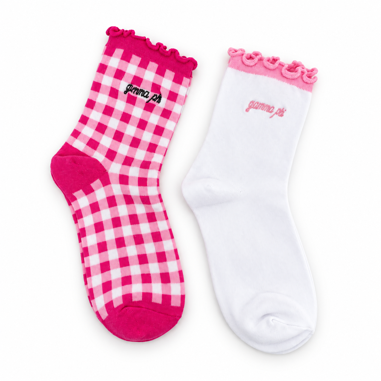 Gamma Phi Beta Gingham & Grace sorority sock set with gingham and white ruffle socks featuring embroidered Gamma Phi Beta lettering.