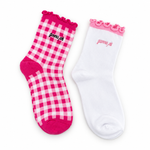 Gamma Phi Beta Gingham & Grace sorority sock set with gingham and white ruffle socks featuring embroidered Gamma Phi Beta lettering.
