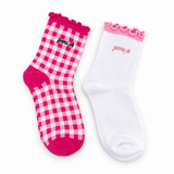 Gamma Phi Beta Gingham & Grace sorority sock set with gingham and white ruffle socks featuring embroidered Gamma Phi Beta lettering.