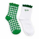 Kappa Delta Gingham & Grace sorority sock set with gingham and white ruffle socks featuring embroidered Kappa Delta lettering.