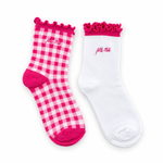 Phi Mu Gingham & Grace sorority sock set with gingham and white ruffle socks featuring embroidered Phi Mu lettering.