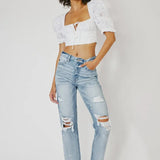 High Rise Slim Straight Distressed Denim