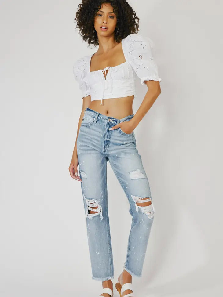 High Rise Slim Straight Distressed Denim