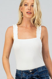 Dina Ruffle Strap Ribbed Bodysuit//White
