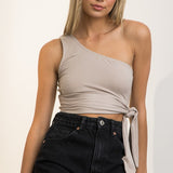 Cleo One Shoulder Tie Top - Taupe