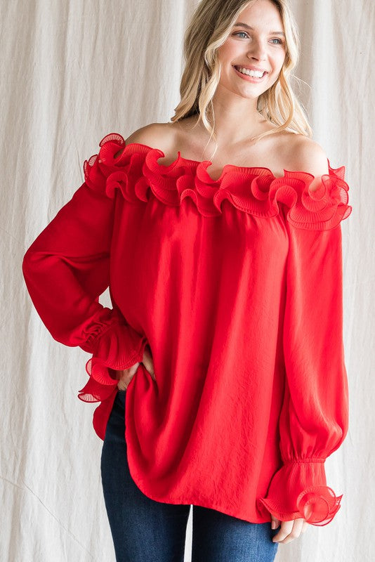 Solid Spiral Wire On/Off Shoulder Top - Red
