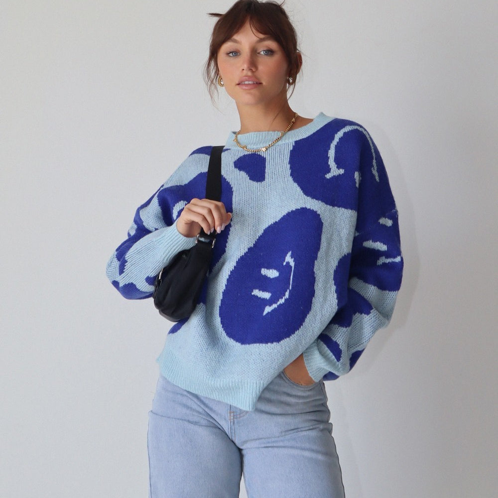 Blue Smiley Face Sweater