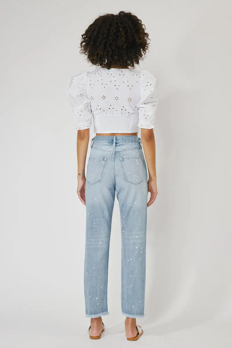 High Rise Slim Straight Distressed Denim