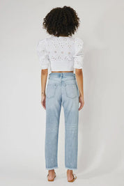 High Rise Slim Straight Distressed Denim