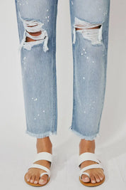 High Rise Slim Straight Distressed Denim