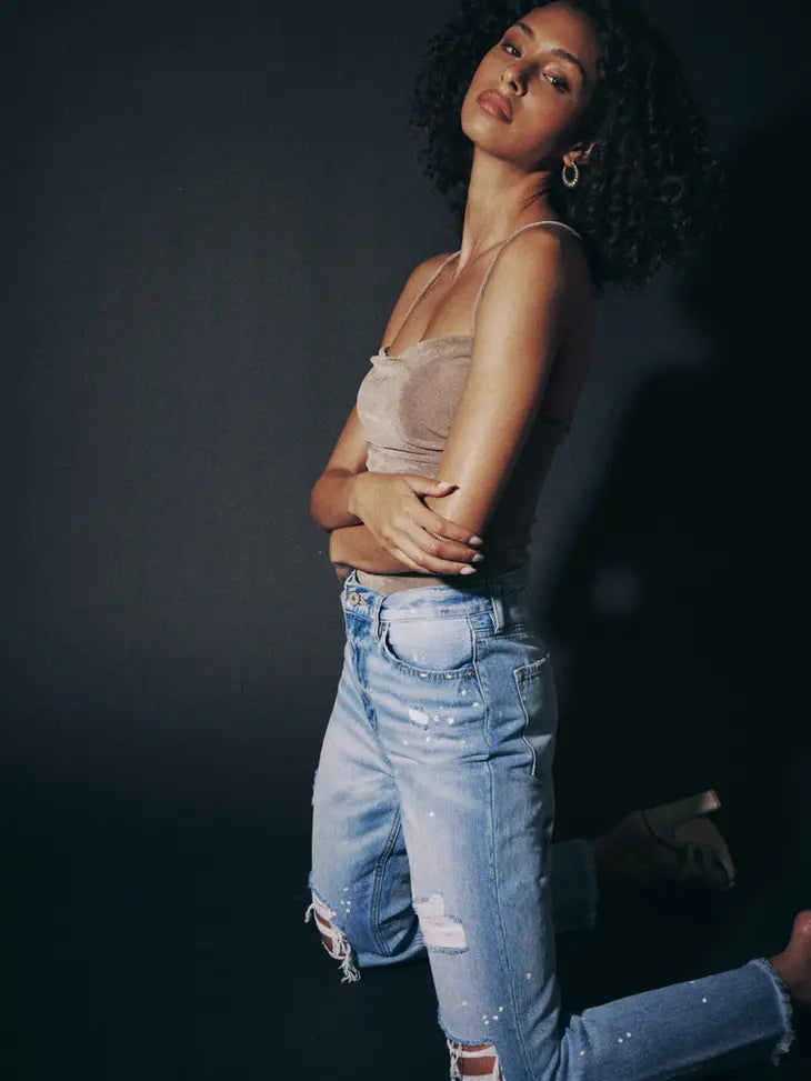High Rise Slim Straight Distressed Denim