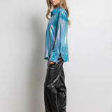 Blue Metallic Foil Button Up