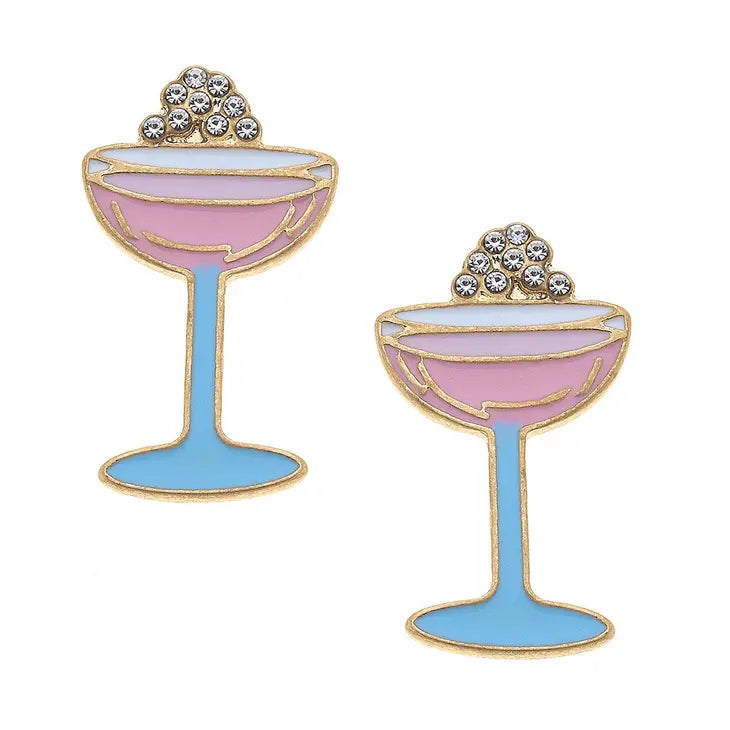 Crystal Enamel & Pave Champagne Coupe Stud Earrings in Pink & Blue