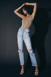 High Rise Slim Straight Distressed Denim