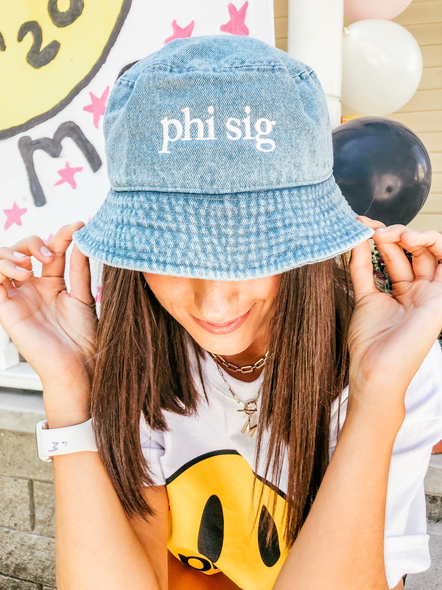 Denim Embroidered Sorority Bucket Hat