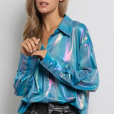 Blue Metallic Foil Button Up