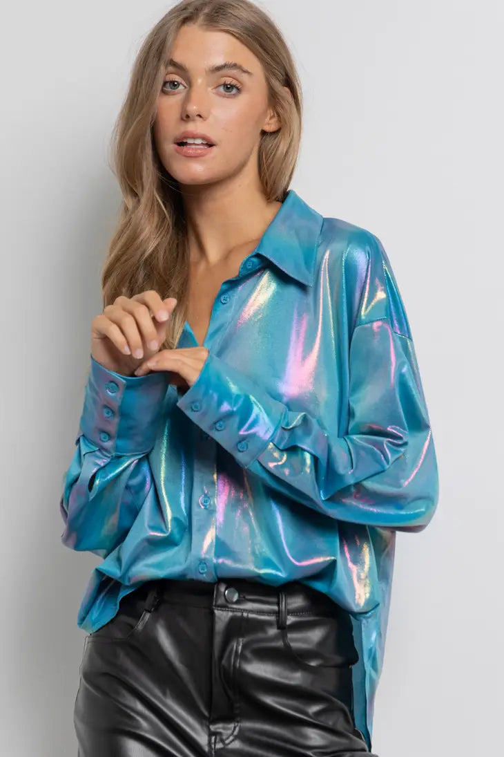 Blue Metallic Foil Button Up