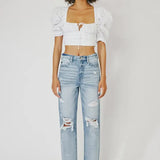 High Rise Slim Straight Distressed Denim