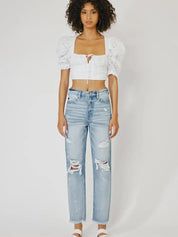 High Rise Slim Straight Distressed Denim