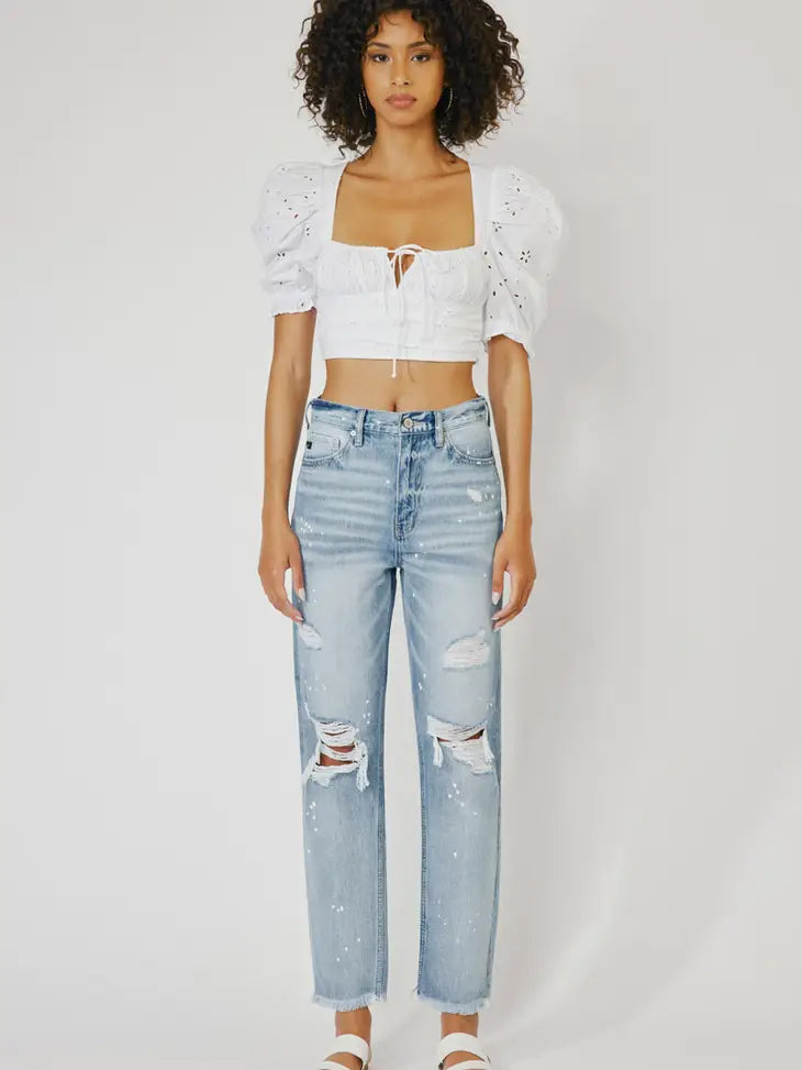 High Rise Slim Straight Distressed Denim