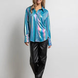 Blue Metallic Foil Button Up