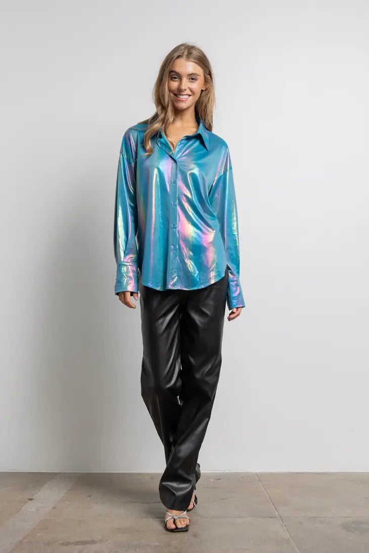 Blue Metallic Foil Button Up