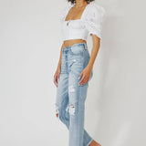 High Rise Slim Straight Distressed Denim