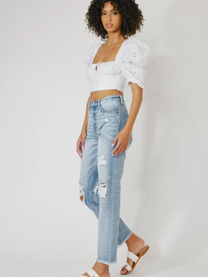 High Rise Slim Straight Distressed Denim